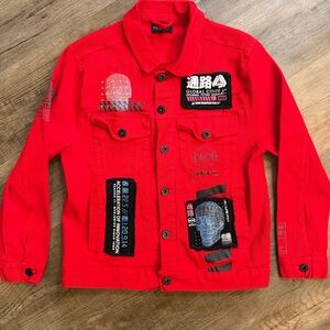 Track 23 Medium Embroidered Patchwork Red Denim Streetwear Jacket Drip Button